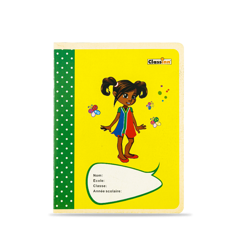 Livro de exercícios amarelo com capa de menina fofa